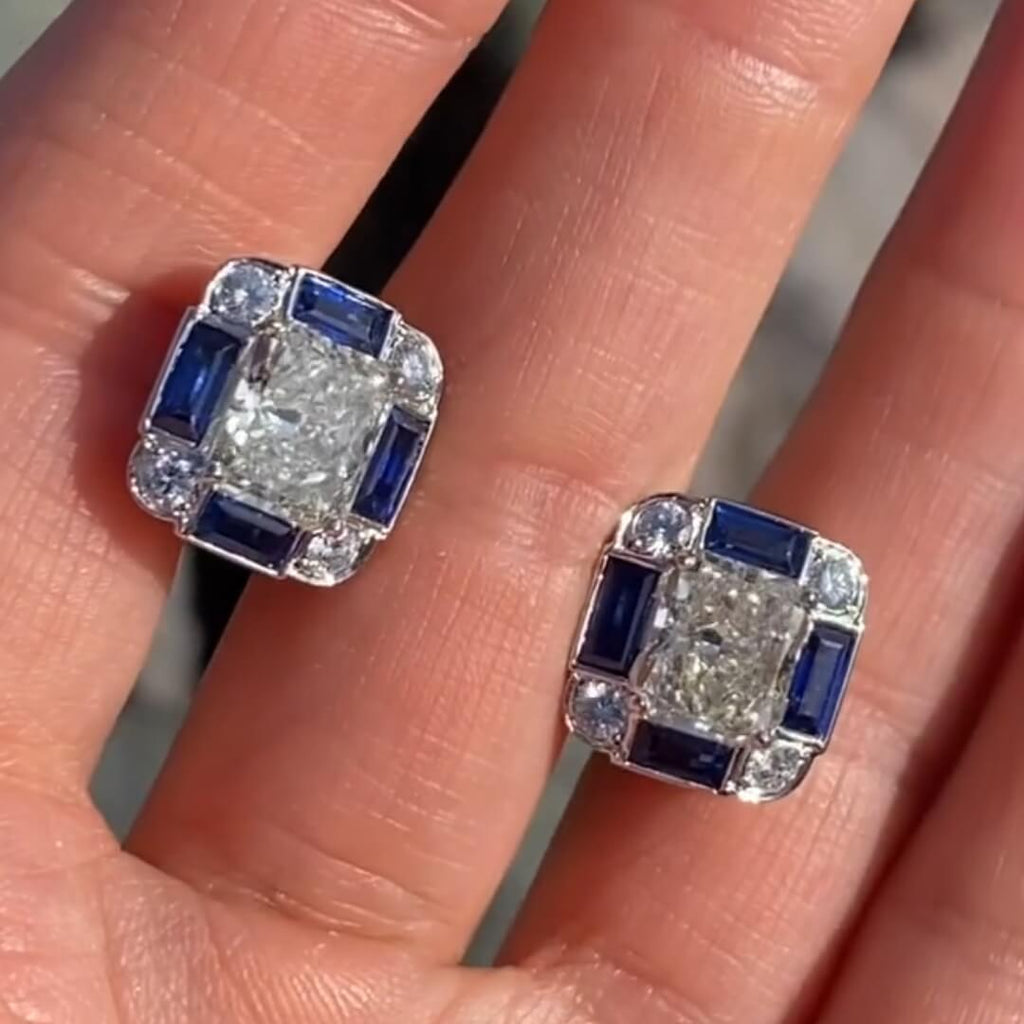 Luxury Jewelry Art Deco Radiant Cut White  & Blue Sapphire Stud Earrings For Women