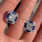 Luxury Jewelry Art Deco Radiant Cut White  & Blue Sapphire Stud Earrings For Women