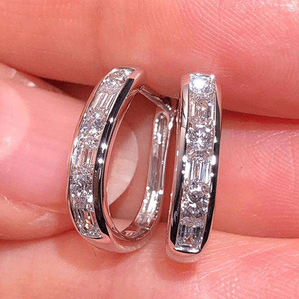 Classic Channel Setting Baguette Cut White Sapphire Hoop Earrings For Women
