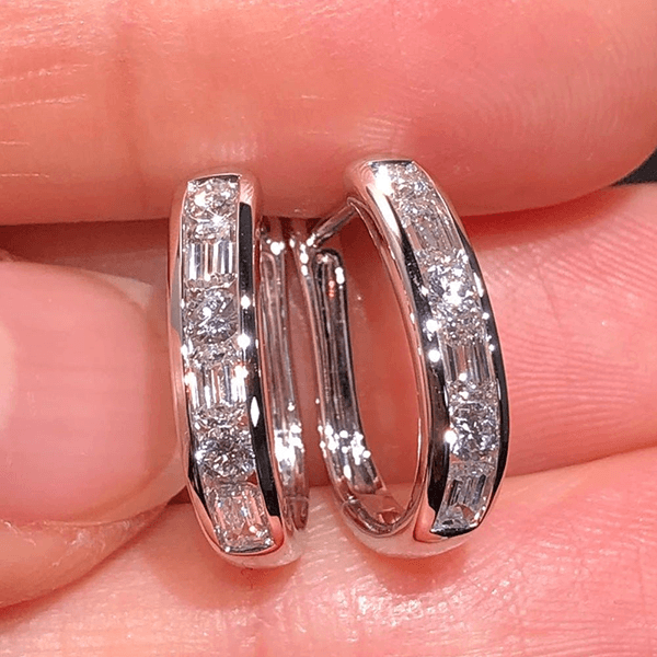 Classic Channel Setting Baguette Cut White Sapphire Hoop Earrings For Women