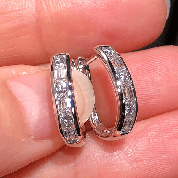 Classic Channel Setting Baguette Cut White Sapphire Hoop Earrings For Women