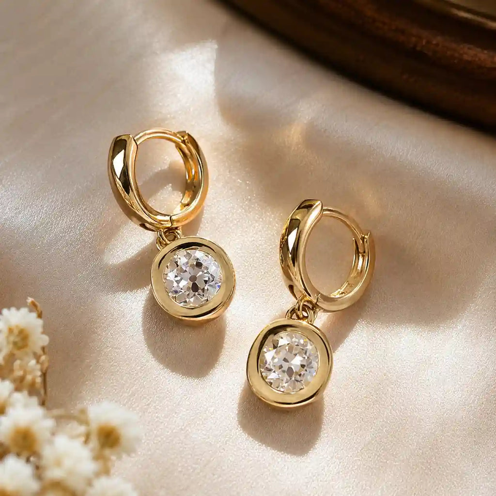 Luxury Jewelry Golden Bezel Round Cut White Sapphire Drop Earrings For Women