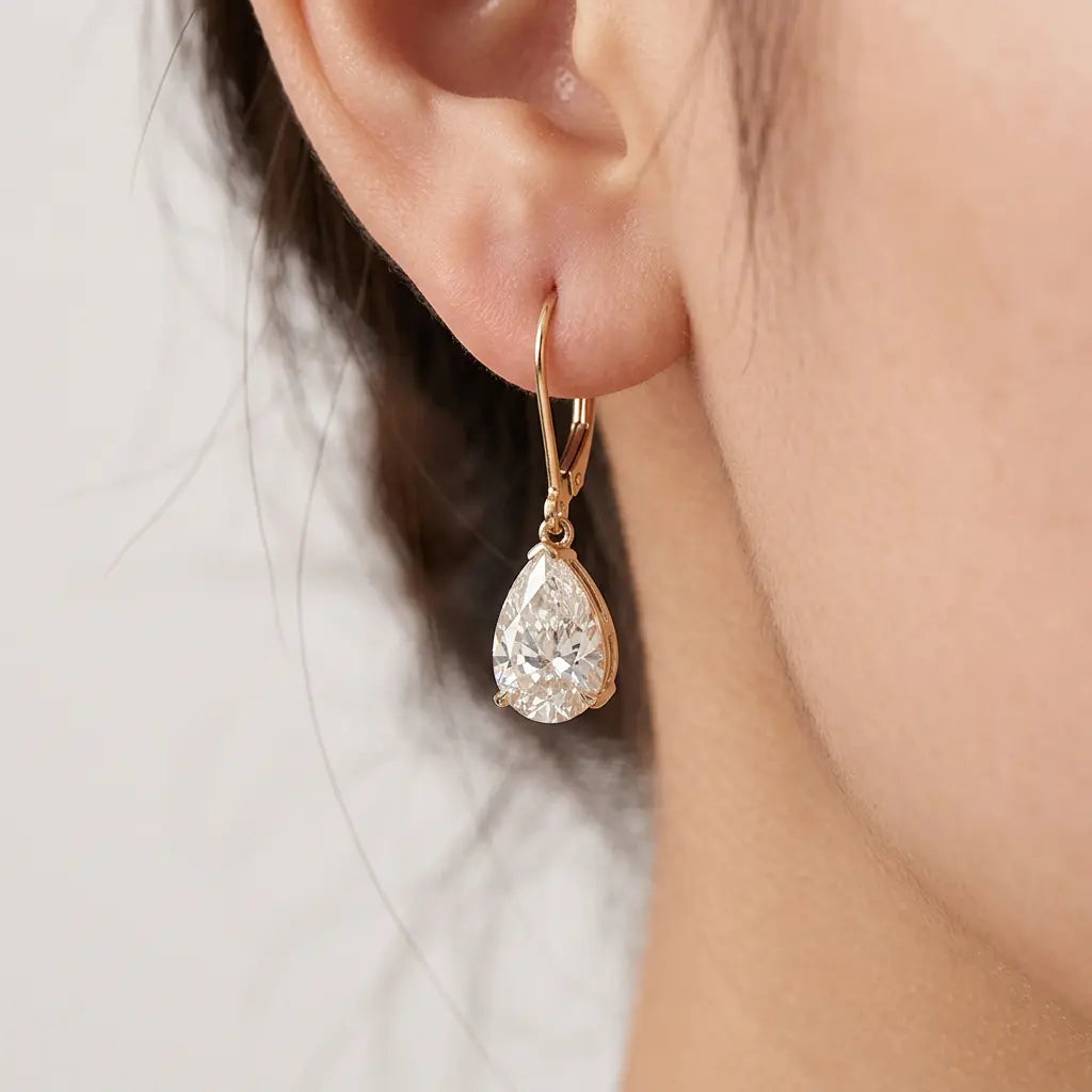 Solitaire Yellow Gold Classic Pear Cut White Sapphire Drop Earrings For Women