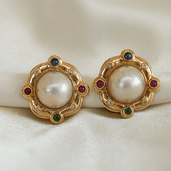 Vintage Yellow Gold Bezel Round Cut Pearl Stud Earrings For Women