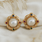 Vintage Yellow Gold Bezel Round Cut Pearl Stud Earrings For Women