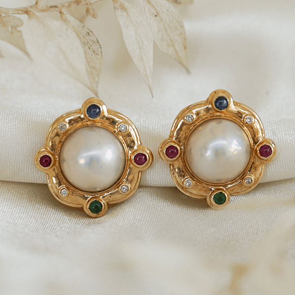 Vintage Yellow Gold Bezel Round Cut Pearl Stud Earrings For Women