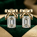 Yellow Gold Knot Emerald Cut White Sapphire Stud Earrings For Women