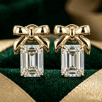 Yellow Gold Knot Emerald Cut White Sapphire Stud Earrings For Women