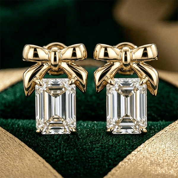 Yellow Gold Knot Emerald Cut White Sapphire Stud Earrings For Women