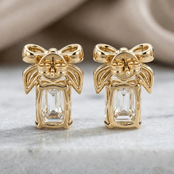 Yellow Gold Knot Emerald Cut White Sapphire Stud Earrings For Women