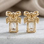 Yellow Gold Knot Emerald Cut White Sapphire Stud Earrings For Women