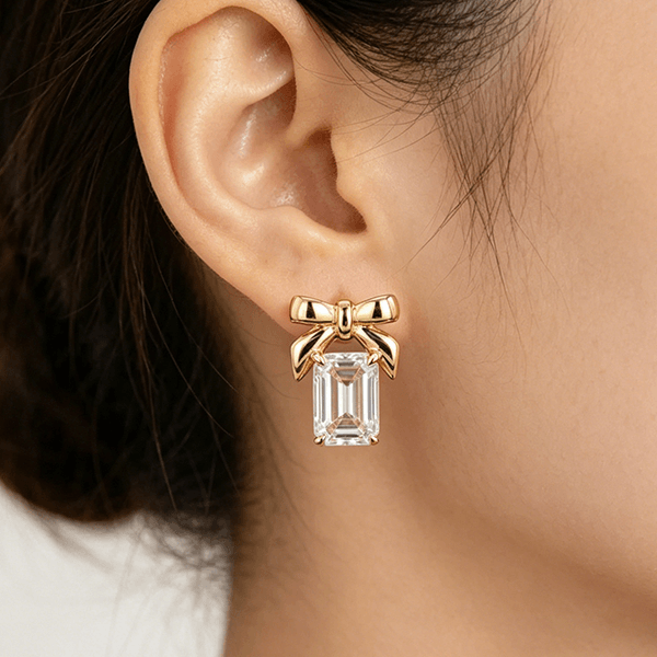 Yellow Gold Knot Emerald Cut White Sapphire Stud Earrings For Women