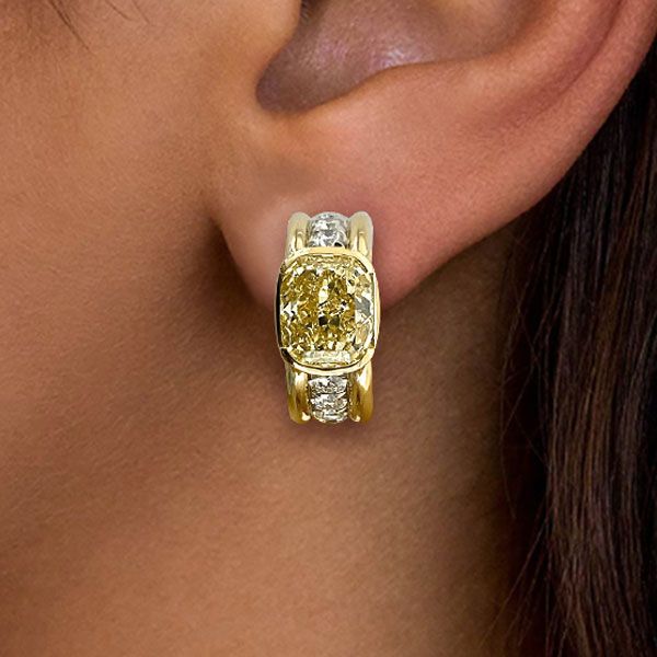 Golden Bezel Cushion Cut Canary Sapphire Hoop Earrings For Women Wedding Jewelry