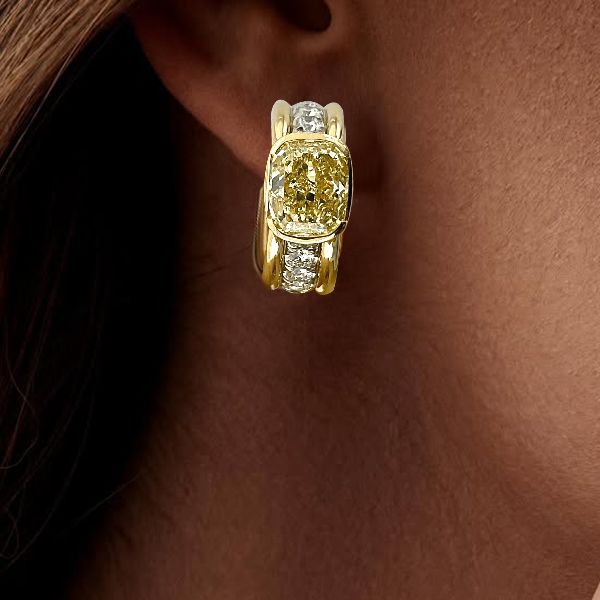 Golden Bezel Cushion Cut Canary Sapphire Hoop Earrings For Women Wedding Jewelry