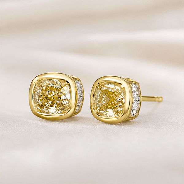 Solitaire Yellow Gold Bezel Cushion Cut Canary Sapphire Stud Earrings For Women