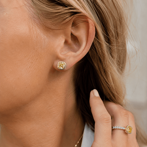Solitaire Yellow Gold Bezel Cushion Cut Canary Sapphire Stud Earrings For Women
