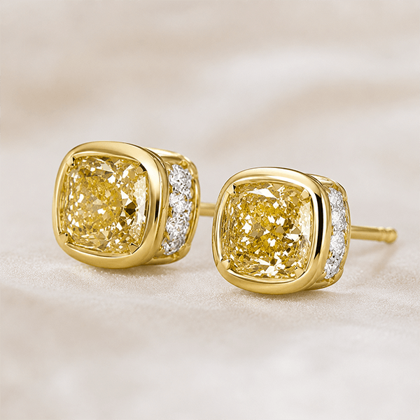 Solitaire Yellow Gold Bezel Cushion Cut Canary Sapphire Stud Earrings For Women
