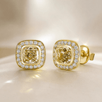 Halo Yellow Gold Bezel Cushion Cut Canary Sapphire Stud Earrings For Women