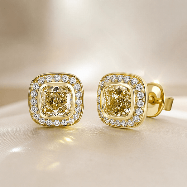 Halo Yellow Gold Bezel Cushion Cut Canary Sapphire Stud Earrings For Women