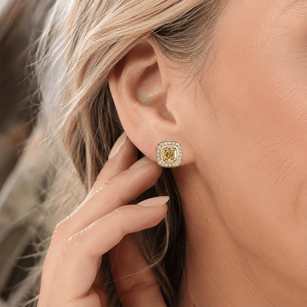 Halo Yellow Gold Bezel Cushion Cut Canary Sapphire Stud Earrings For Women