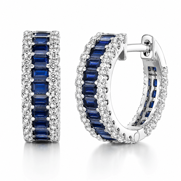 Classic Multi Row Emerald Cut Blue & White Sapphire Hoop Earrings For Women