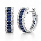 Classic Multi Row Emerald Cut Blue & White Sapphire Hoop Earrings For Women