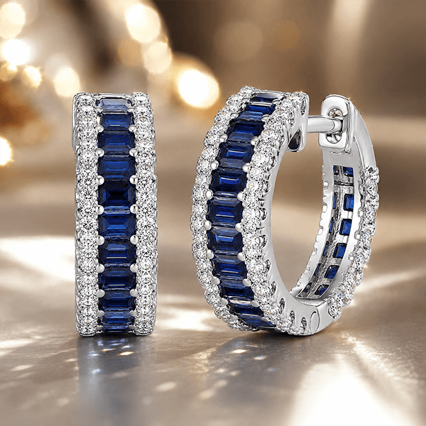 Classic Multi Row Emerald Cut Blue & White Sapphire Hoop Earrings For Women