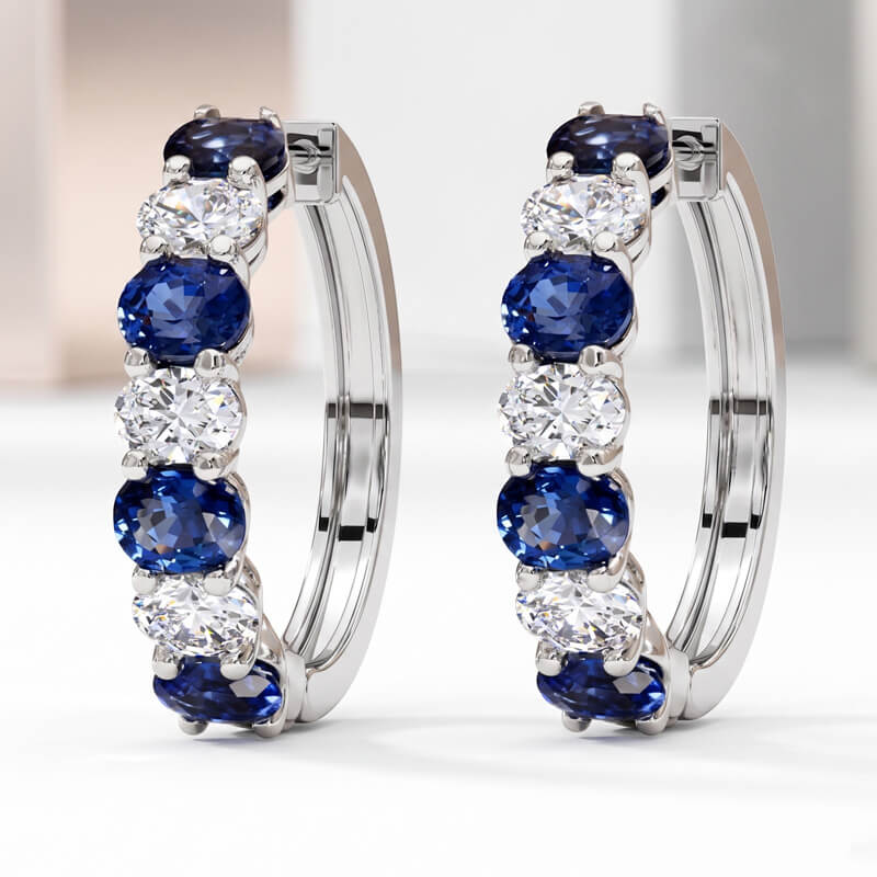 Classic Oval Cut Blue & White Sapphire Hoop Earrings For Women