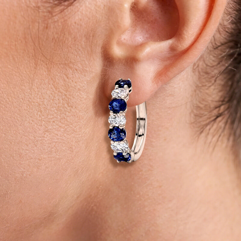 Classic Oval Cut Blue & White Sapphire Hoop Earrings For Women
