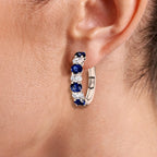 Classic Oval Cut Blue & White Sapphire Hoop Earrings For Women