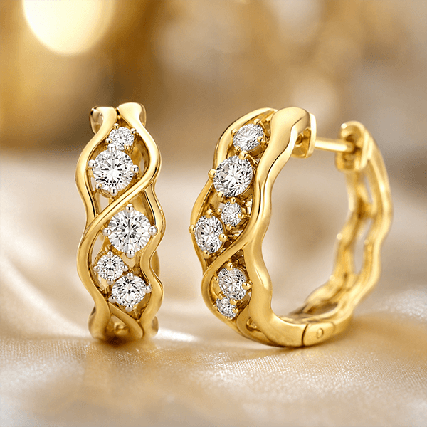 Unique Design Yellow Gold Round Cut White Sapphire Hoop Earrings For Women