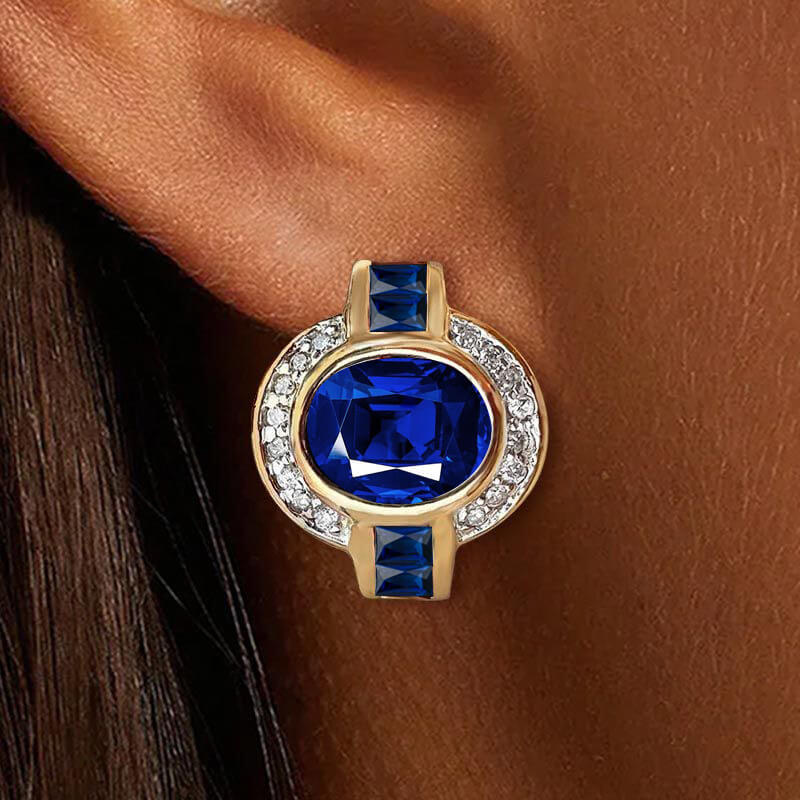Art Deco Halo Oval Cut Blue Sapphire Stud Earrings For Women