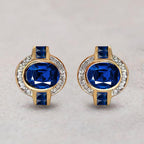 Art Deco Halo Oval Cut Blue Sapphire Stud Earrings For Women