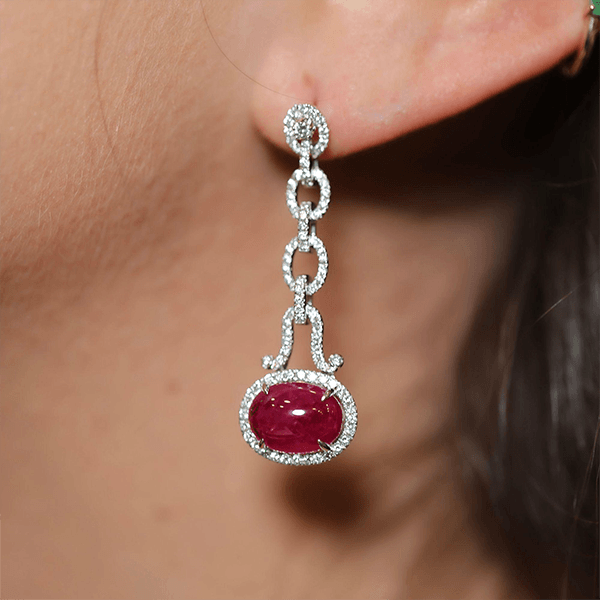 Luxury Jewelry Halo Oval Cabochon Cut Ruby Sapphire Drop Earrings For Women