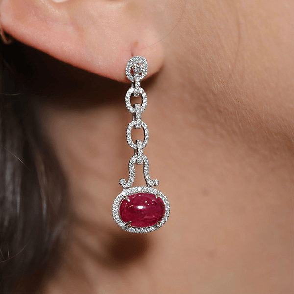 Luxury Jewelry Halo Oval Cabochon Cut Ruby Sapphire Drop Earrings For Women