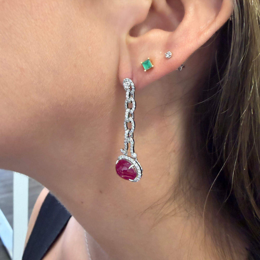 Luxury Jewelry Halo Oval Cabochon Cut Ruby Sapphire Drop Earrings For Women