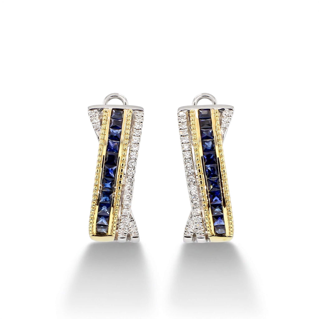 Two Tone Crossover Design Asscher Cut Blue Sapphire Hoop Earrings For Women