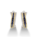 Two Tone Crossover Design Asscher Cut Blue Sapphire Hoop Earrings For Women