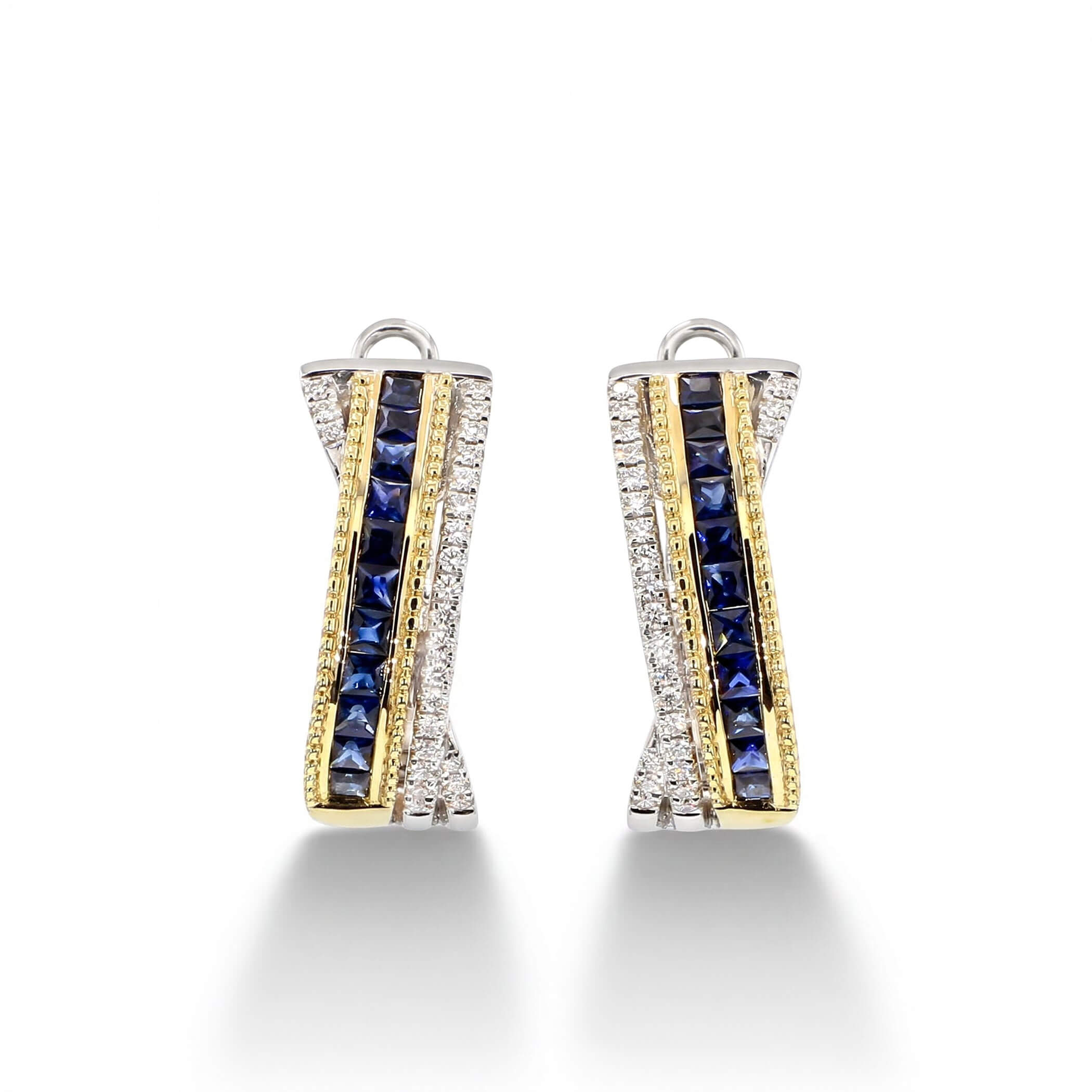 Two Tone Crossover Design Asscher Cut Blue Sapphire Hoop Earrings For Women