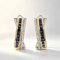 Two Tone Crossover Design Asscher Cut Blue Sapphire Hoop Earrings For Women