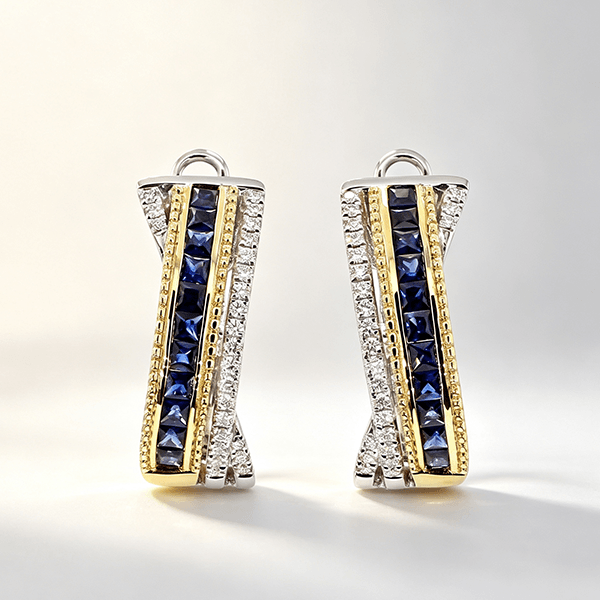 Two Tone Crossover Design Asscher Cut Blue Sapphire Hoop Earrings For Women
