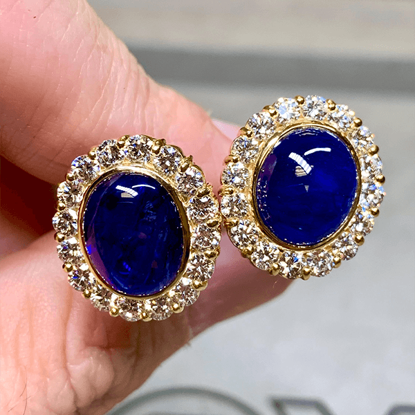 Halo Yellow Gold Oval Cabochon Cut Blue Sapphire Stud Earrings For Women