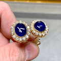 Halo Yellow Gold Oval Cabochon Cut Blue Sapphire Stud Earrings For Women