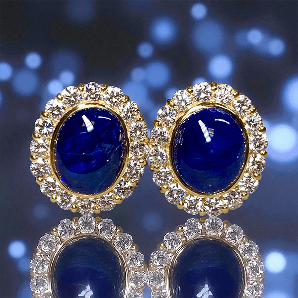 Halo Yellow Gold Oval Cabochon Cut Blue Sapphire Stud Earrings For Women