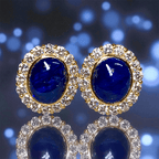 Halo Yellow Gold Oval Cabochon Cut Blue Sapphire Stud Earrings For Women