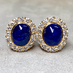 Halo Yellow Gold Oval Cabochon Cut Blue Sapphire Stud Earrings For Women