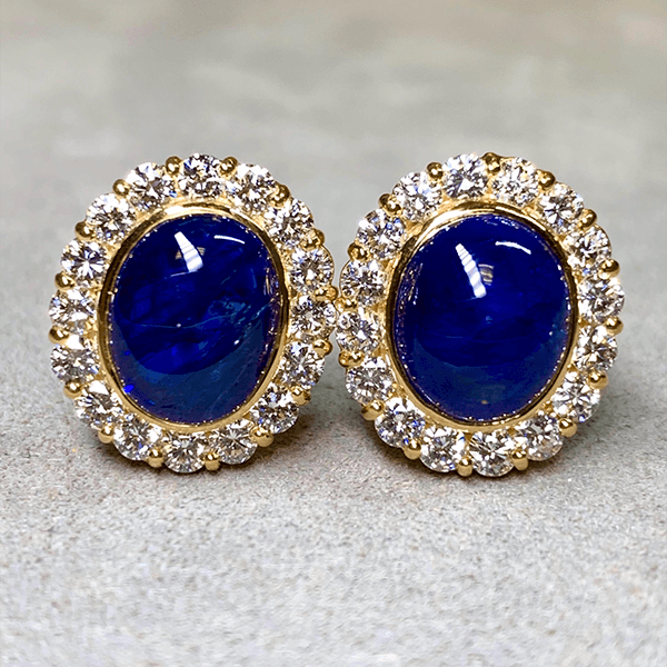 Halo Yellow Gold Oval Cabochon Cut Blue Sapphire Stud Earrings For Women