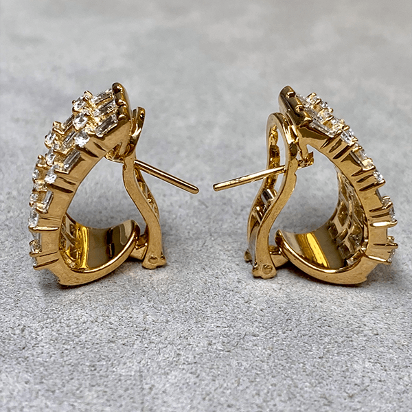 Multi Row Yellow Gold Baguette & Round Cut White Sapphire Hoop Earrings For Women