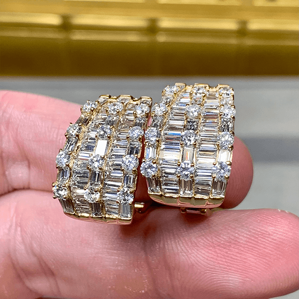 Multi Row Yellow Gold Baguette & Round Cut White Sapphire Hoop Earrings For Women
