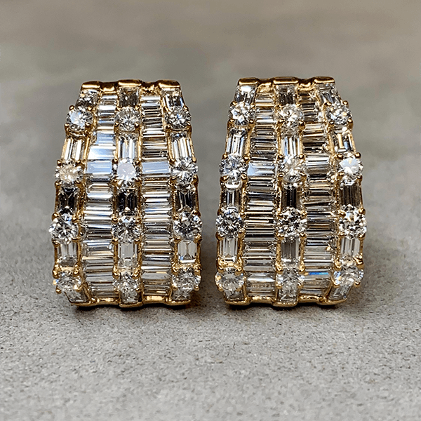 Multi Row Yellow Gold Baguette & Round Cut White Sapphire Hoop Earrings For Women